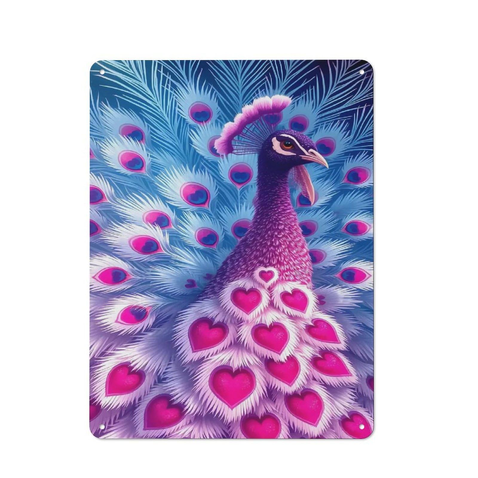 Junmoney Style-12 Rustic Tin Sign 40X30cm Featuring Peacock With Hearts For Living Room Wall, For Room Styling Across Living Rooms And Feature Walls