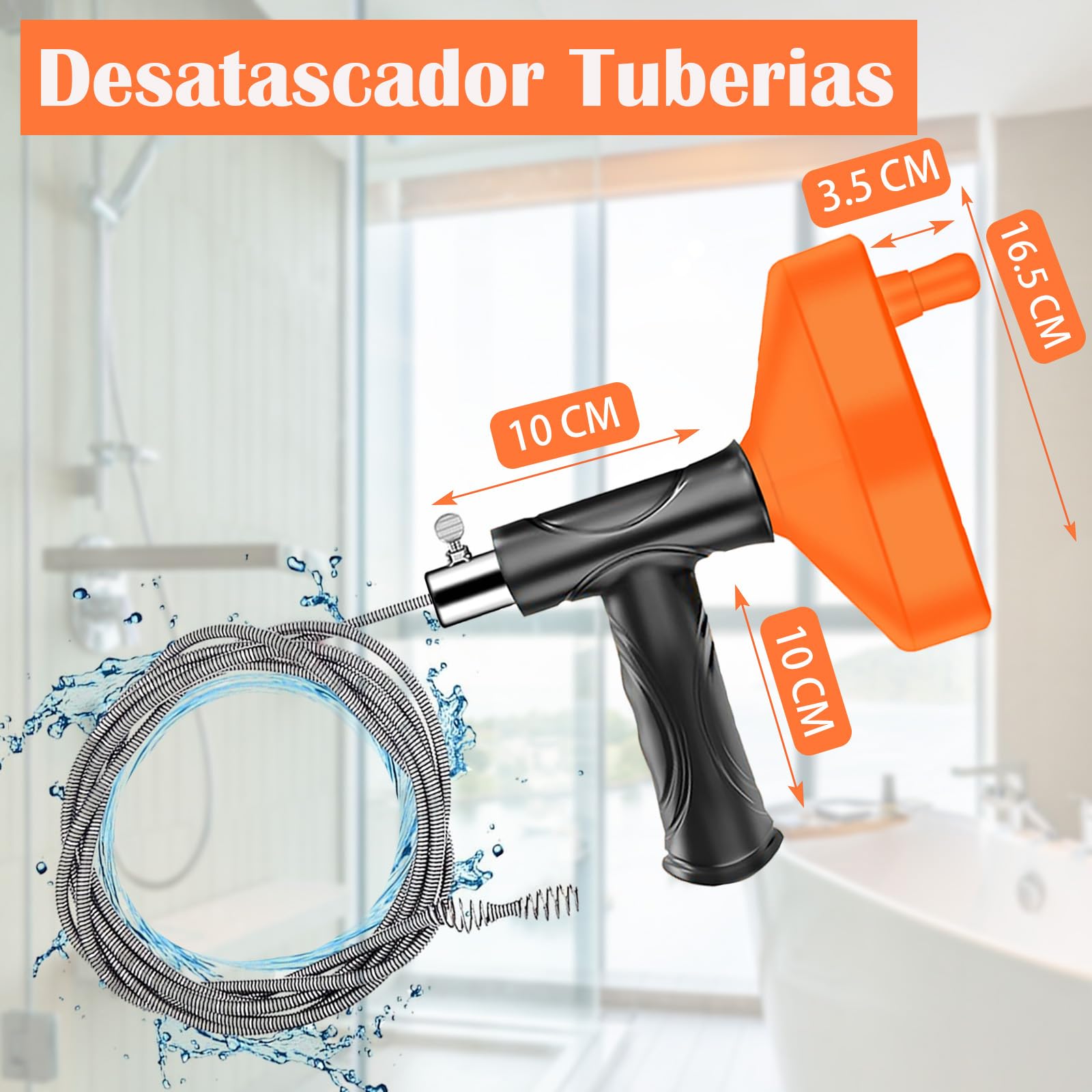 Desatascador Tuberias Profesional 10M, Desatascador de Tuberias con Cable Flexible de Acero, Serpiente Desatascadora para Fregadero, Ducha, Bañera, WC y Desagües, Elimina Atascos de Pelo y Suciedad