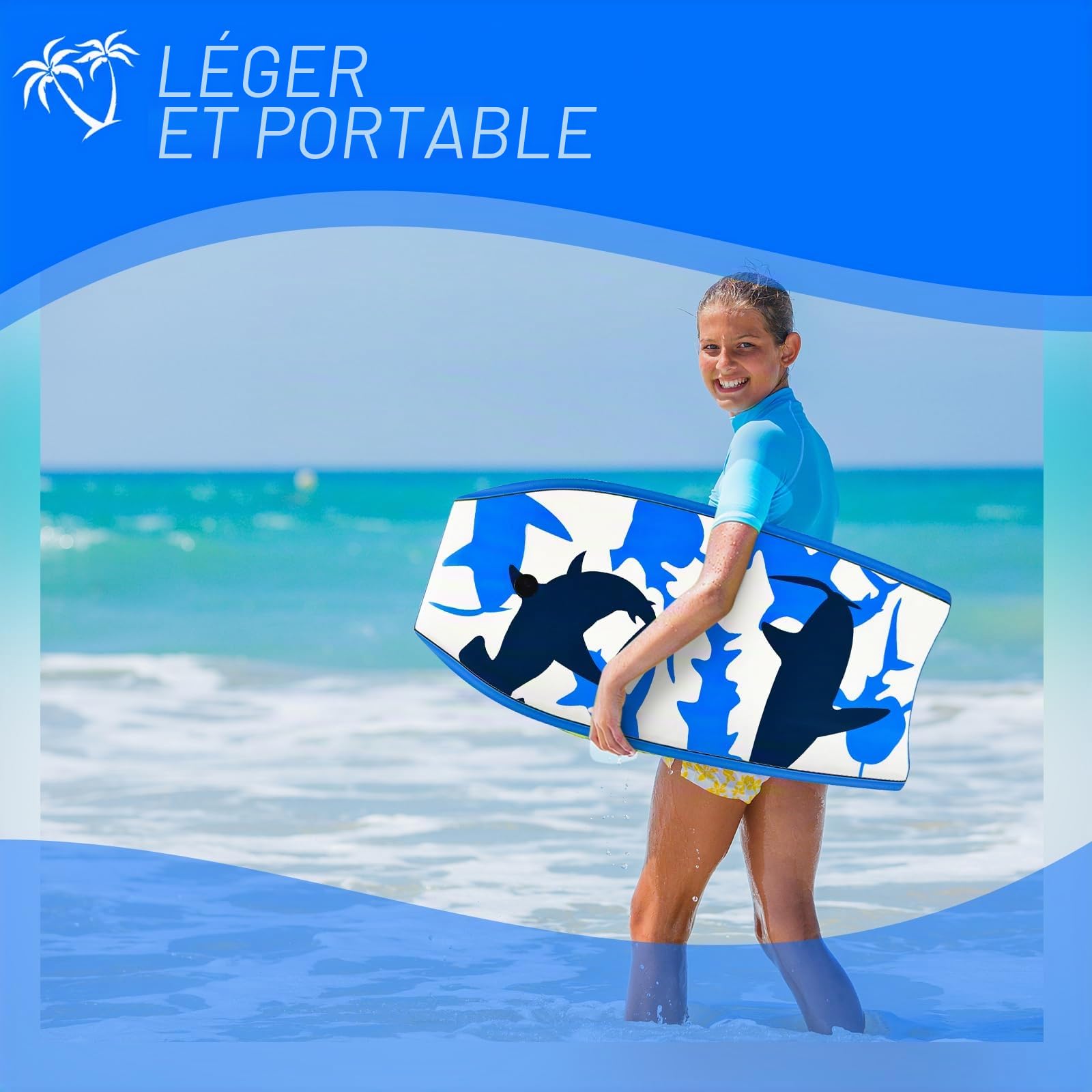 HOMASIS Planche de Surf antidérapante en XPE et polyéthylène Haute densité avec imprimé Requin - Planche de Surf Portable pour Enfants et Adultes