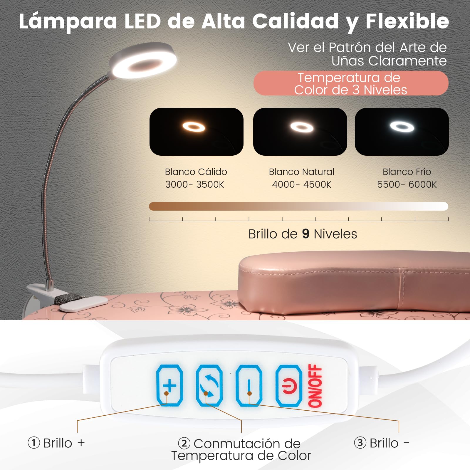 COSTWAY Mesa de Manicura Plegable con Colector de Polvo Eléctrico, Mesa Portátil para Uñas con Lámpara LED Ajustable, 3 Bolsas de Polvo, Bolsa de Transporte y 4 Ruedas Bloqueables para Spa (Rosa)