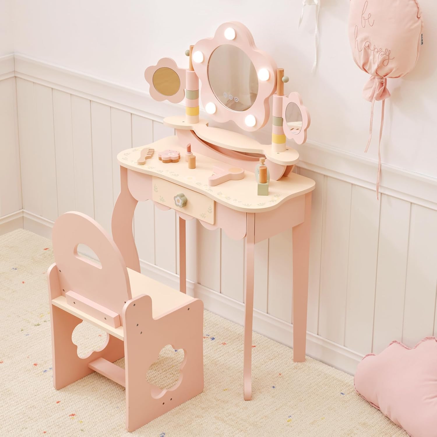 OOOK Kids Vanity Table and Chair Set with Lights, Makeup Vanities with Touch Screen 3 Colors, Pink Girls Vanitys, Enough for Real and Pretend Makeup, Toddler Vanity for 3 Year Old