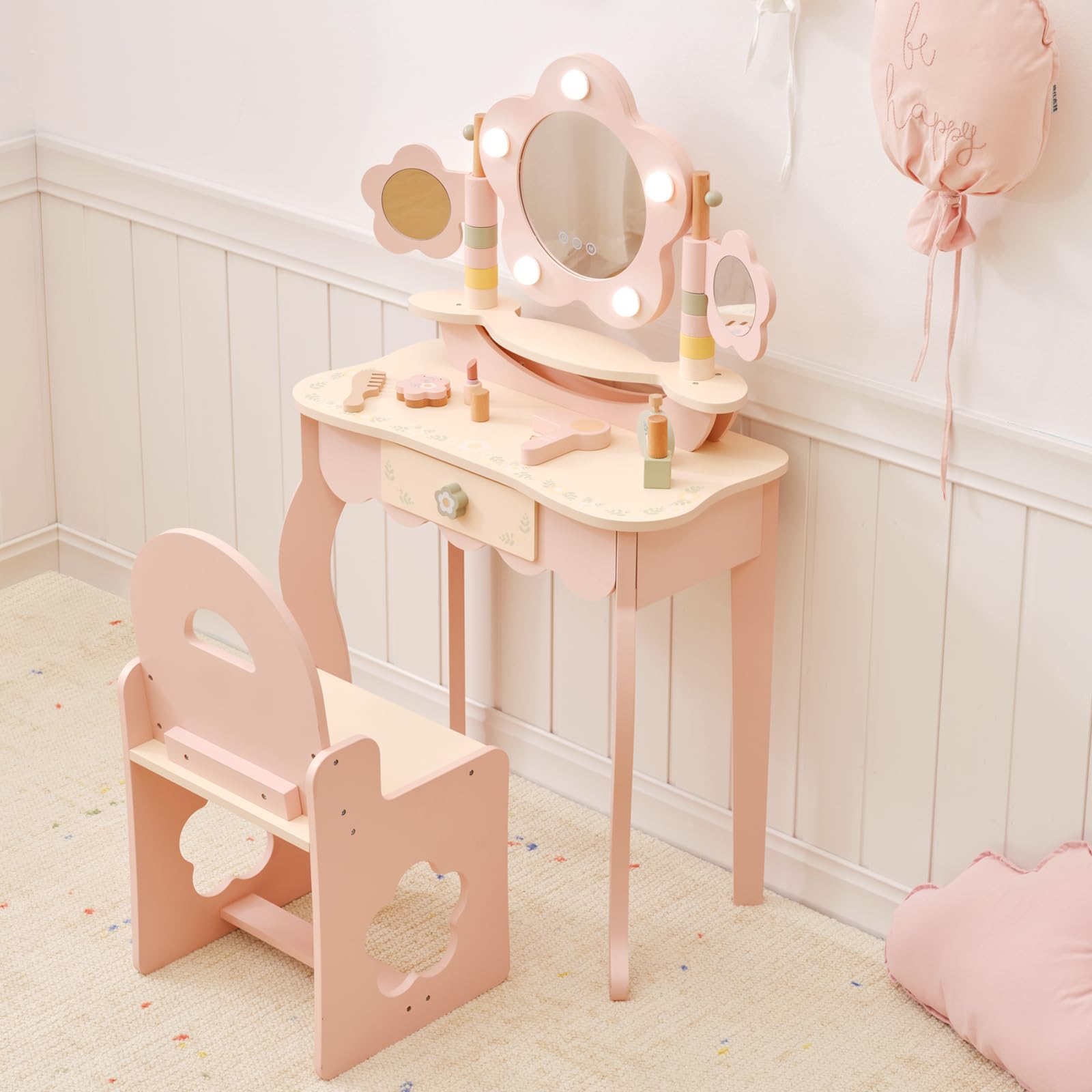 OOOK Kids Vanity Table and Chair Set with Lights, Makeup Vanities with Touch Screen 3 Colors, Pink Girls Vanitys, Enough for Real and Pretend Makeup,