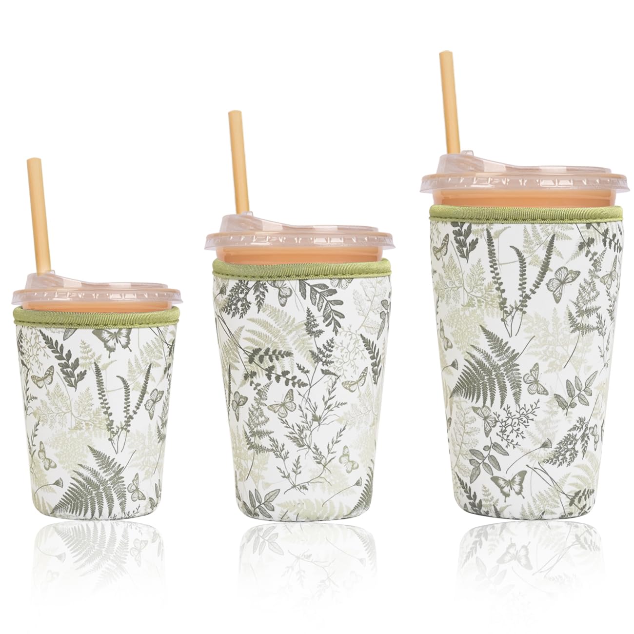 Reusable Insulated Sleeve for Iced Coffee Cup, 3-Pack Coffee Neoprene Drink Sleeve for Cold &amp; Hot Drinks, Beverage Holder for Iced Coffee (Fern Butterflies)