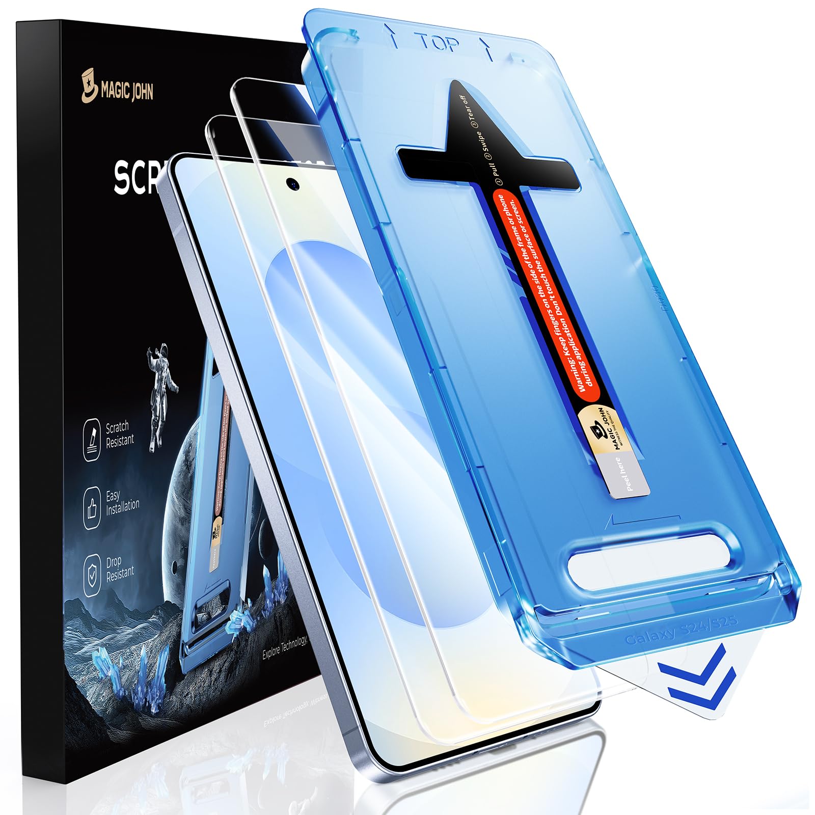 MAGIC JOHN 2 Stück für Samsung Galaxy S25/S24 Schutzglas(6,2 Zoll), Auto-Dust-Eliminierung, 9H Härte Folie, Ultra-Klar Displayschutzfolie, Bläschenfrei, Einfache Installation