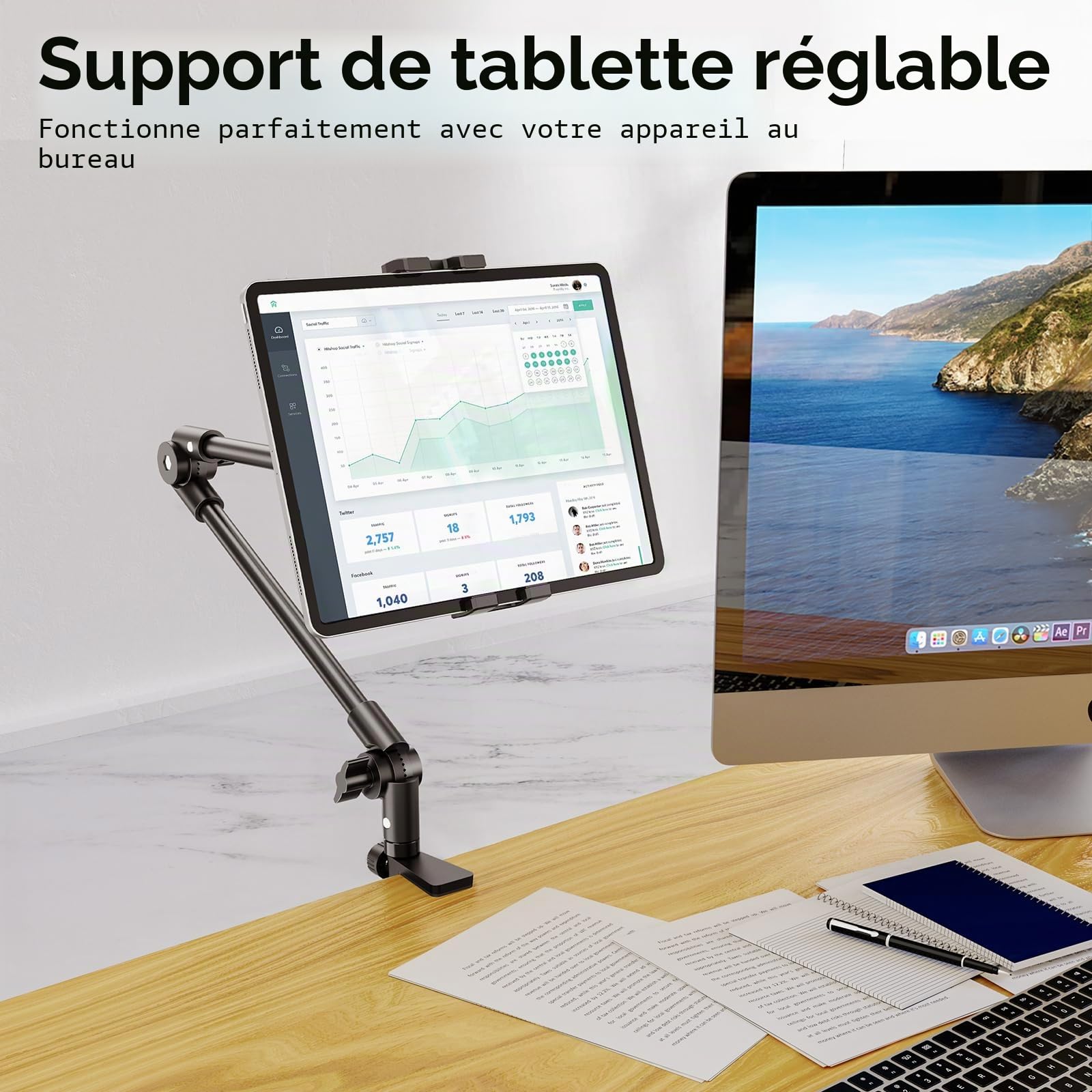Support de Tablette avec Trépied à 360° pour Téléphone, iPad, 68,6 cm long bras pour webcam, projecteur, caméra pour bureau, pour les appareils de 4,7”-13", iPad Pro 12.9 Air Mini, Galaxy Tabs; Nexus
