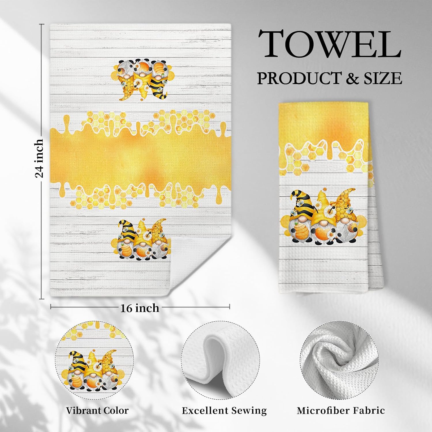 Rustic Honey Bee Gnome Kitchen Towels, Gnomes Gifts for Women Decorative Hand Towels for Bathroom Kitchen, Yellow Daisy Floral Gnomes Dish Tea Towel Drying Cloth, 16x24 Inch image 2