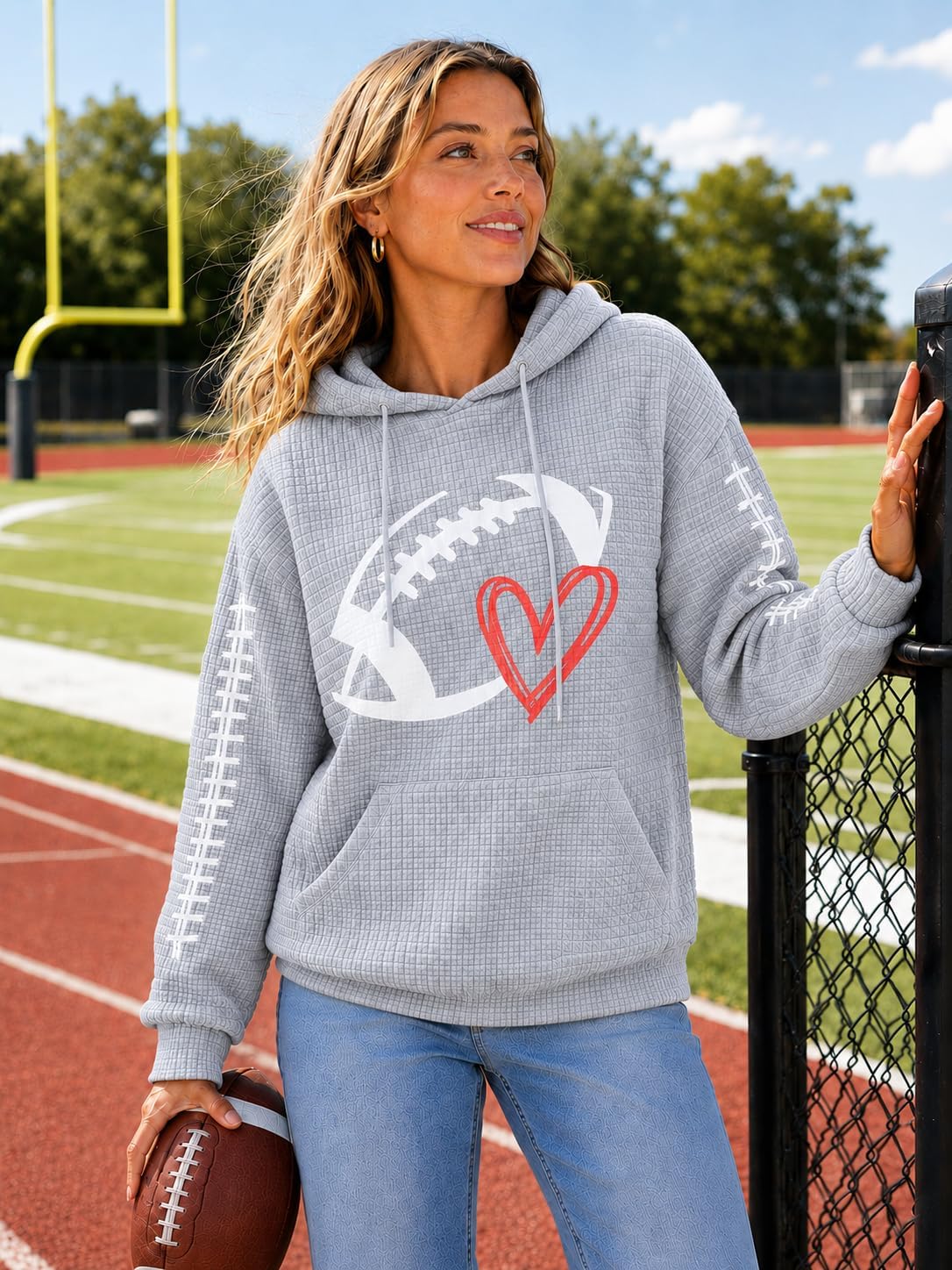 Game Day Hooded Sweatshirt Women Funny Football Graphic Shirt Waffle Knit Game Day Pullover Hoodies Long Sleeve
