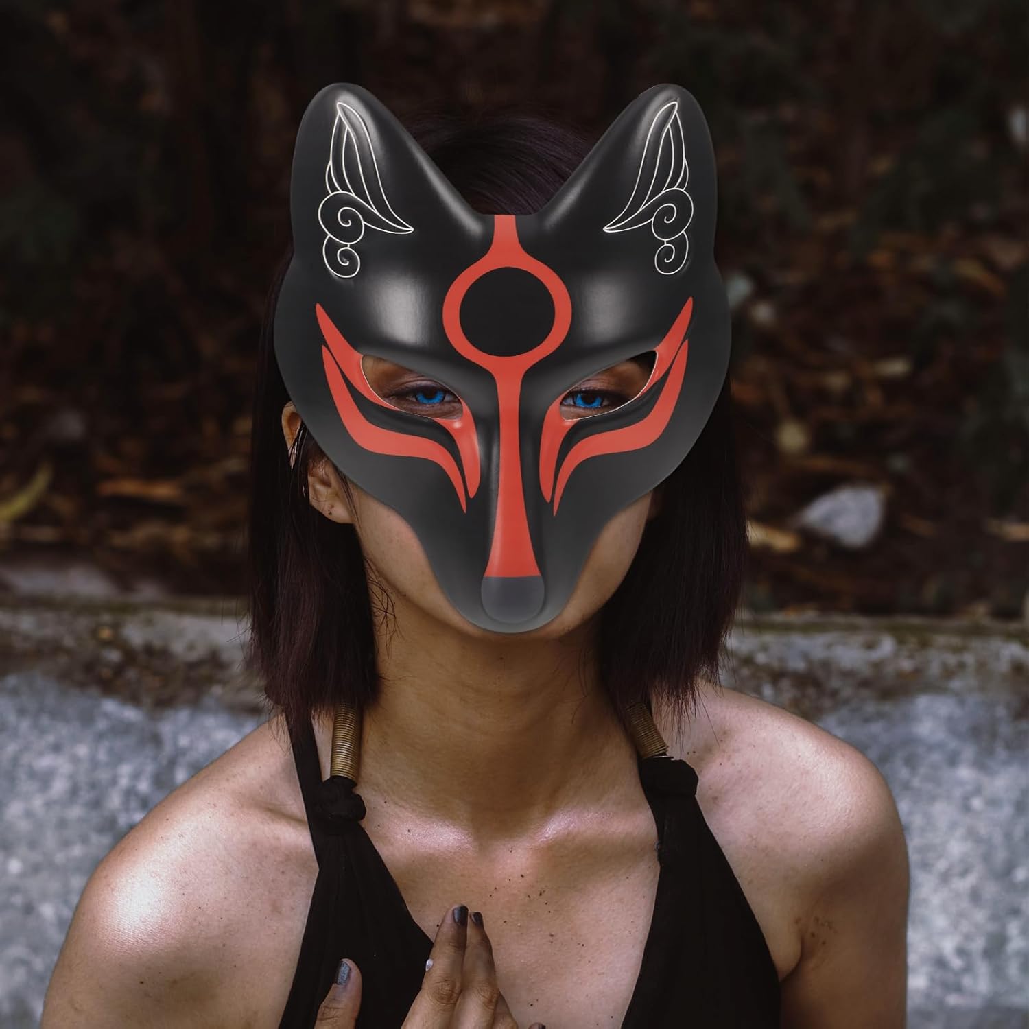 VALICLUD 2pcs FoxMask Japanese Kabuki KitsuneMasks Half Face CatMasks Anime Animal Cosplay for Men Women Children Masquerade Ball Costume Prop Black White