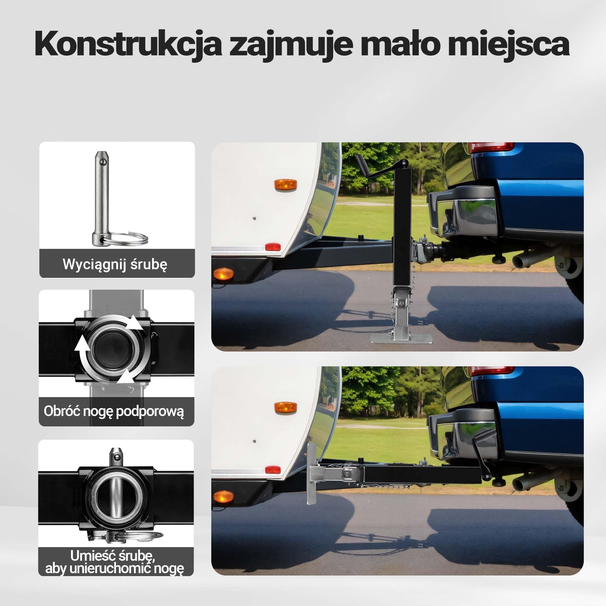 Wiltec Podpora o nośności do 900 kg z korbą górną do regulacji wysokości i uchwytem na rurę, postojowa do przyczepy kempingowej