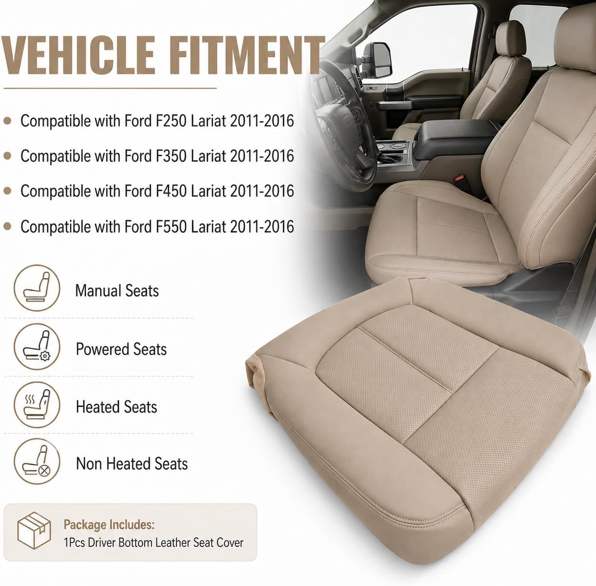 Driver Side Bottom Replacement Perforated Microfiber Leather Seat Cover Tan Compatible with Ford F250 F350 F450 F550 Lariat 2011 2012 2013 2014 2015 2016