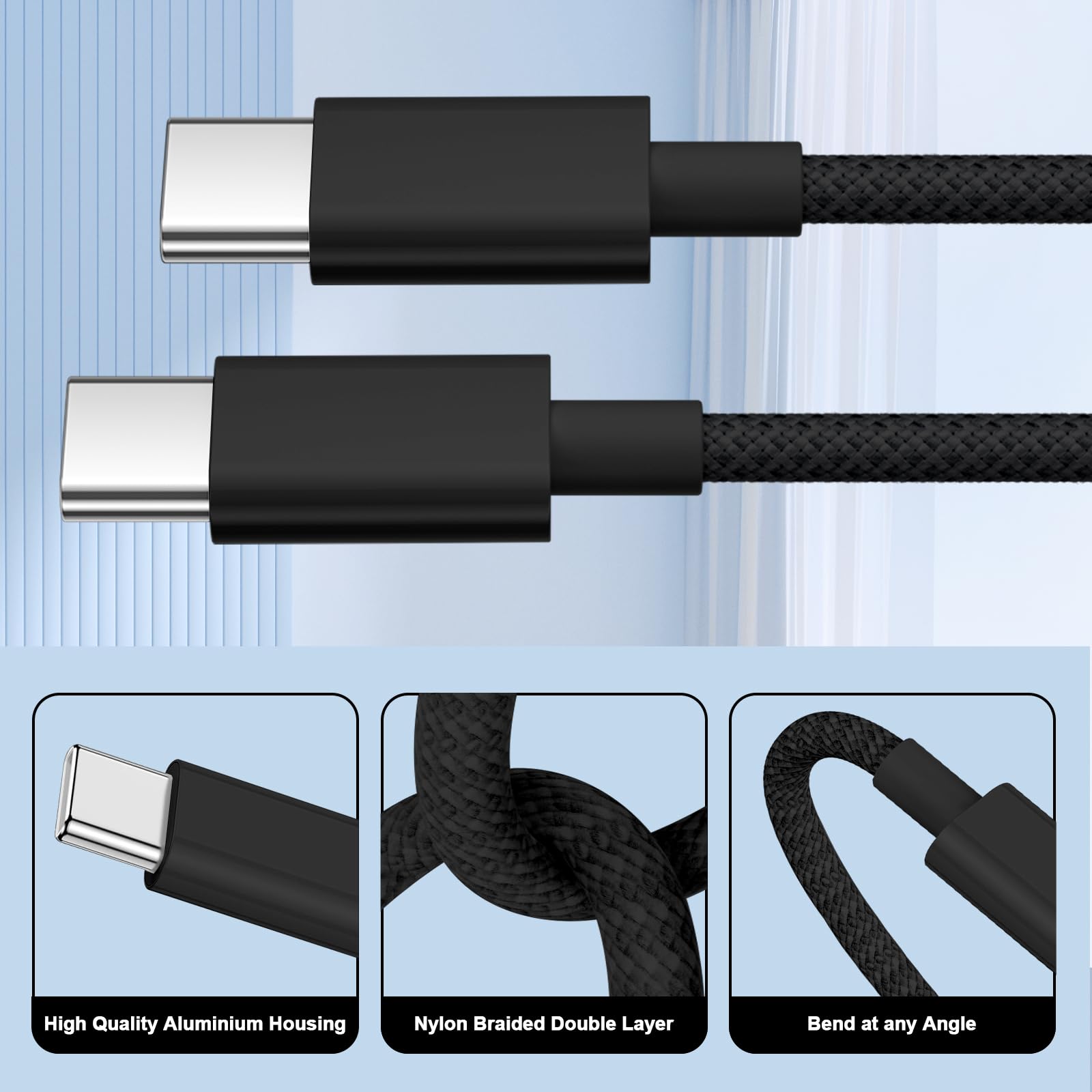 Cavo USB C USB C 1M+2M 2Pezzi, 60W Cavo USB Type-C Samsung Cavo Type C to Type C Filo Caricatore Cavetto Tipo C Ricarica Rapida per Samsung Galaxy S25 S24 S23 Ultra,iPhone Air15 16 17 Pro Max,iPad Pro