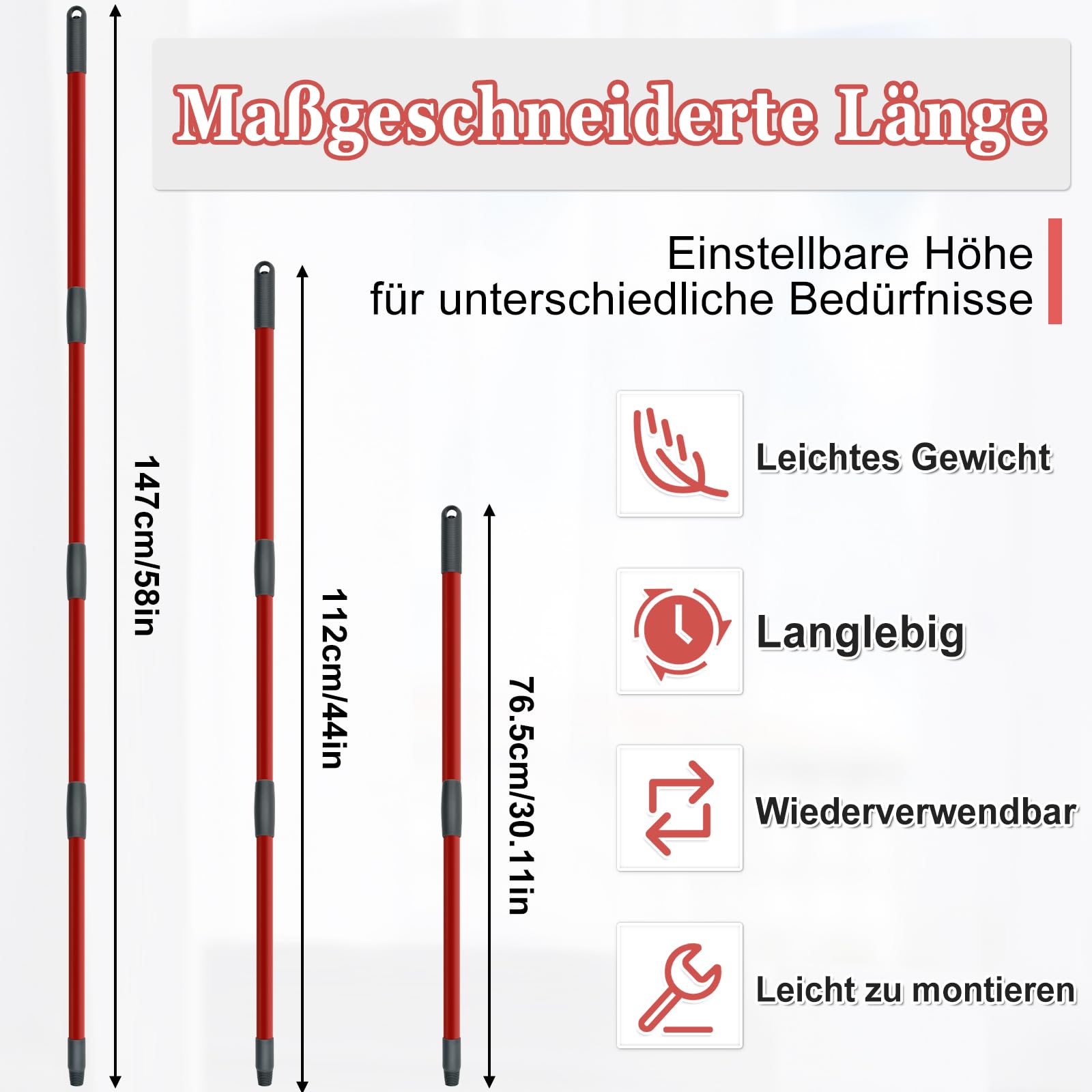 Wischmopp Spin-Mopp-Stiel Ersatz für Turbo Spin/Turbo Smart/EasyWring-Kopf, Verstellbarer Stiel, 4-teiliger Mopp-Ersatzgriff mit Deutschem Gewinde