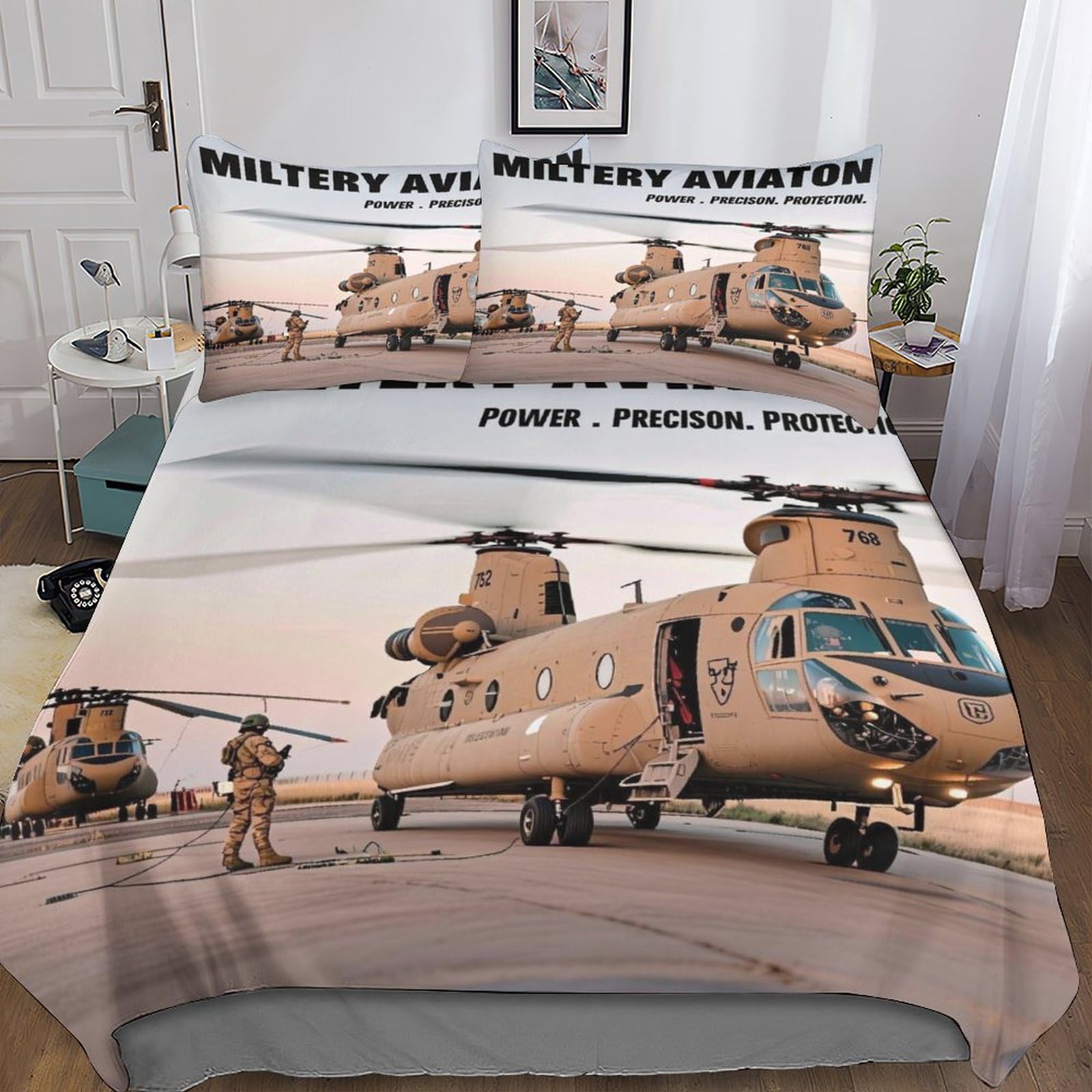 Dafufbw Boys Chinook Double（200X200cm） Duvet Cover With Hidden Zipper, Military Helicopter Bedding Set With Pillowcases, Soft Microfiber Quilt Cover Set For Kids & Adults