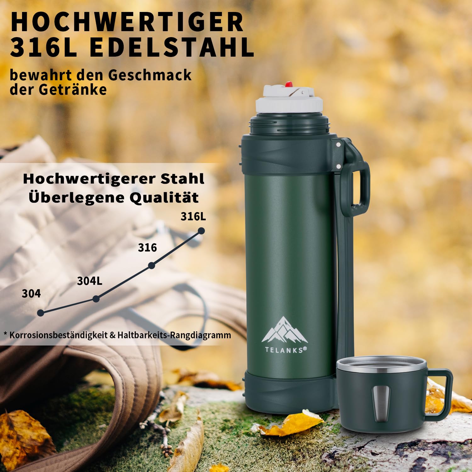 Cosumy Thermosfles 1,5l met mok voor onderweg - Lekvrij - Robuust handvat & draagriem - Voor koffie & thee