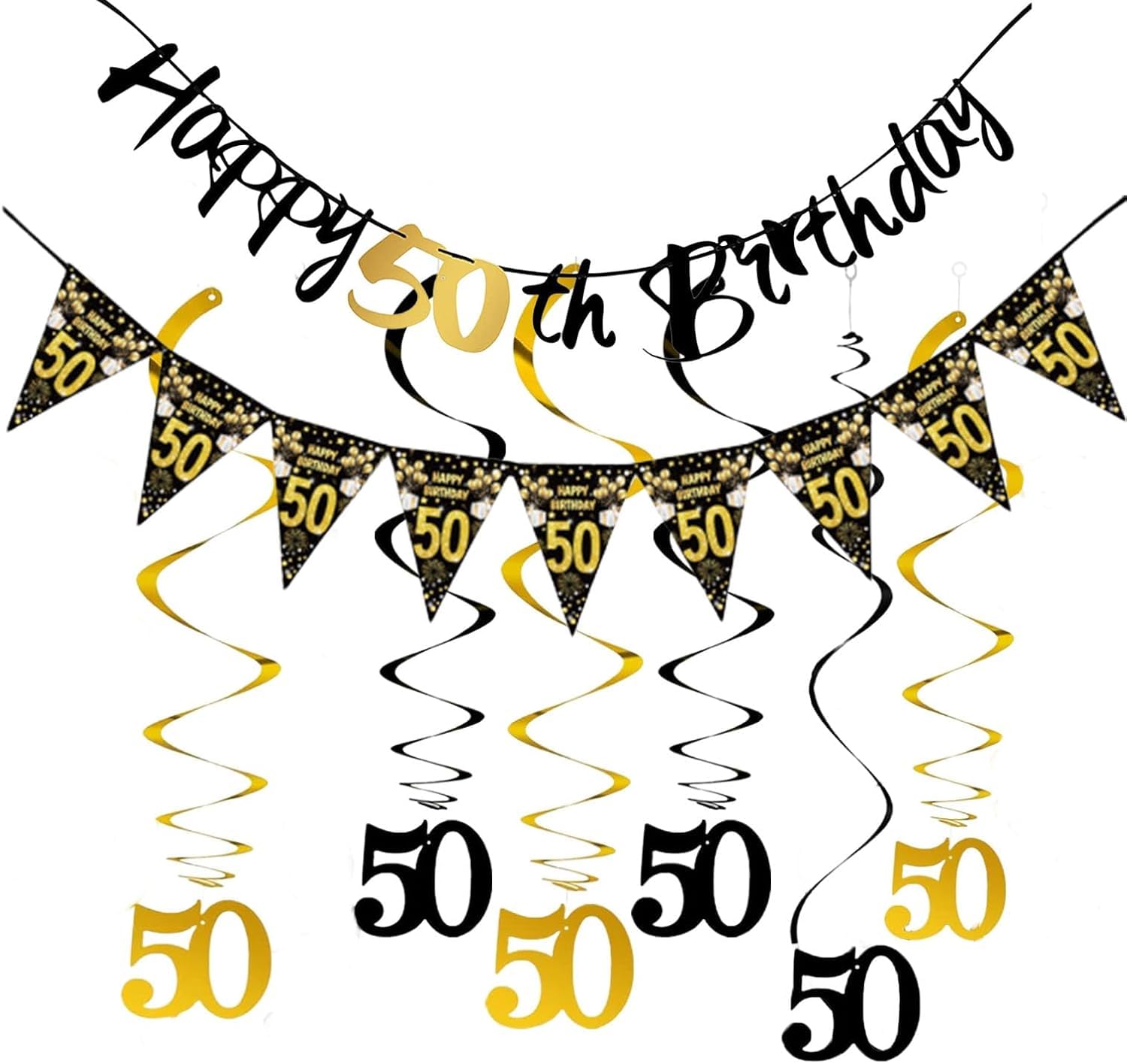 50th Birthday Party Decorations, Black and Gold Happy Birthday Bunting Banner Triangle Flags with 6pcs Hanging Swirls Streamers for Men Women Party Decor Supplies