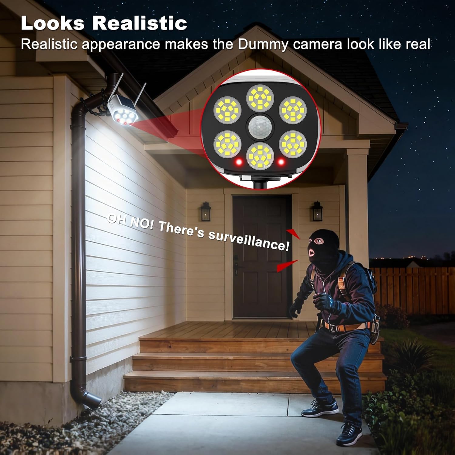 Telecamera di sicurezza finta a energia solare, simulata telecamera di sorveglianza con sensore di luce rossa lampeggiante realistica, luce bianca a 66 LED per cortile, giardino, centro commerciale