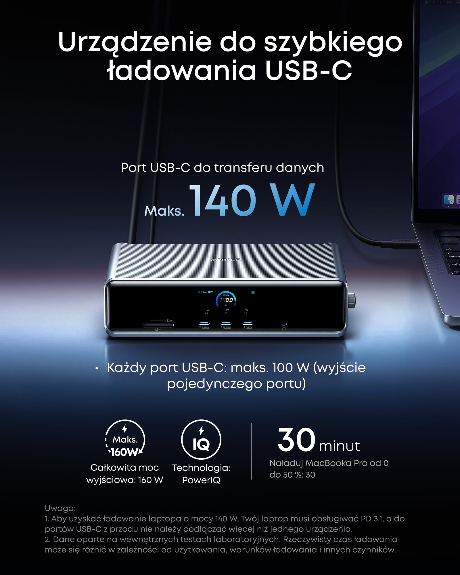 Stacja dokująca Anker Prime (DL7400), 14 portów, trzy wyświetlaczze z DisplayLink, maks. 140 W, inteligentny wyświetlacz, trzy wyświetllacze 4K 60 Hz, wentylator chłodzący, do systemów macOS i Windows