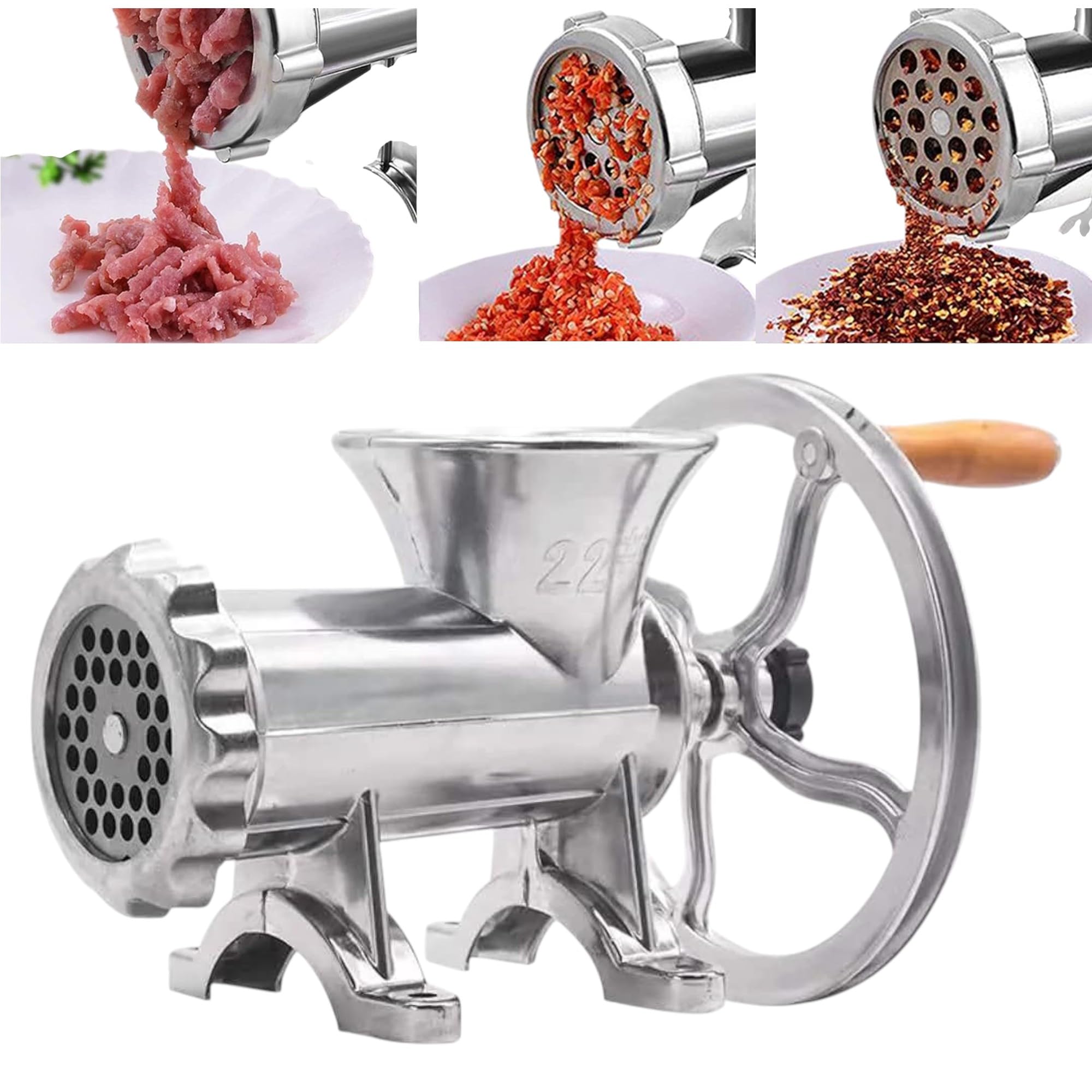 THW® Heavy Duty Aluminium Manual Meat Grinder Keema Maker | Hand Operated Crank Mincer | Multi-Purpose Meat, Vegetable, and Sausage Processor | Durable Table Clamp | Silver (22 Number)