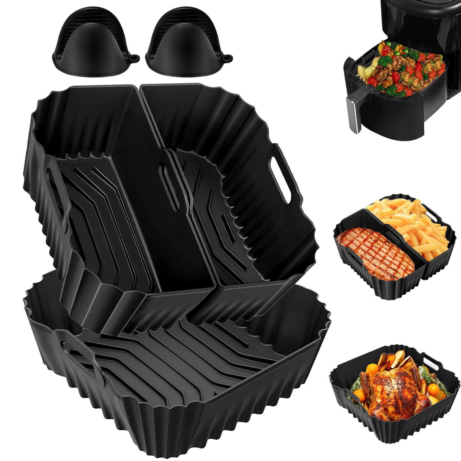 Molde Silicona Freidora de Aire para Cecotec 6L, 5 Piezas Silicona Air Fryer Freidora sin Aceite Accesorios Esenciales Reutilizables Recipientes Cuadrado sin BPA, Lavable a Máquina
