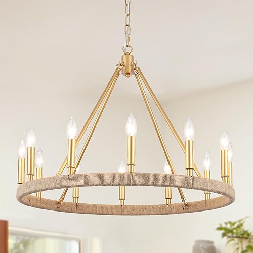 Miniatura 8 de Candelabro dorado con rueda de carro, 8 luces doradas para comedor, lámpara colgante redonda rústica de 24 pulgadas para sala de estar, vestíbulo,
