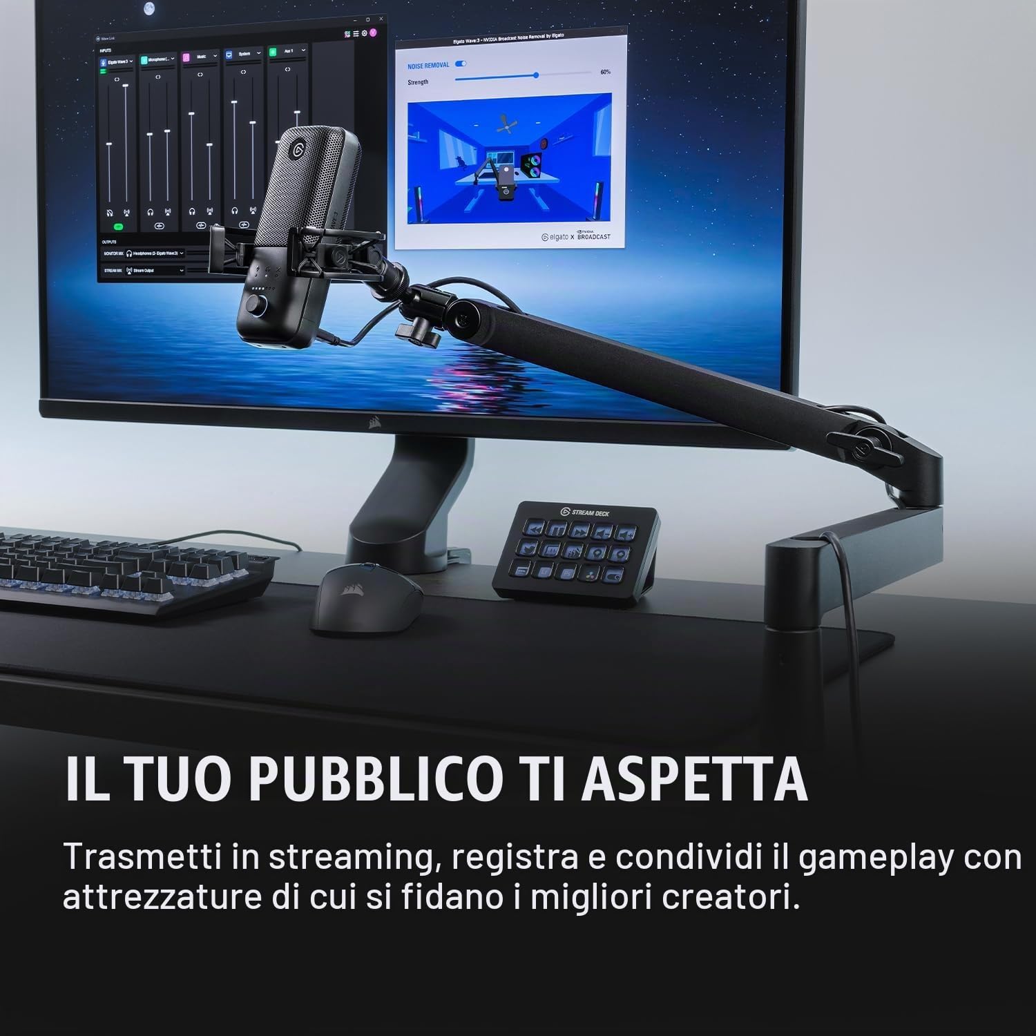 Elgato Wave:3 microfono con braccio a profilo basso, regolabile, con canalina per cavi, ideale per podcast, streaming, gaming, home office, software di mixaggio gratis, Plug & Play per Mac, PC