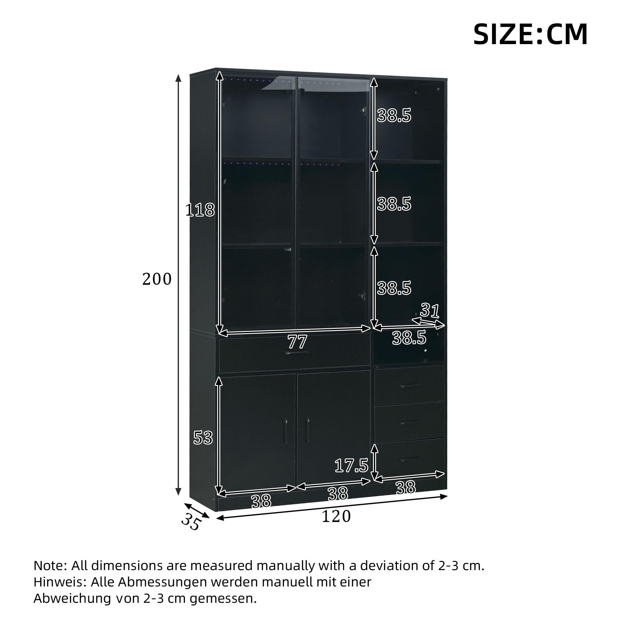 Kebnor Hochschrank mit Glasvitrine&LED,Bücherschrank mit13 Stauraumbereichen,4 Schubladen&Türen Vitrinen, Aufbewahrungsschränke,Schränke,Geeignet für Esszimmer und Wohnzimmer(120x35x200cm（Schwarz）)