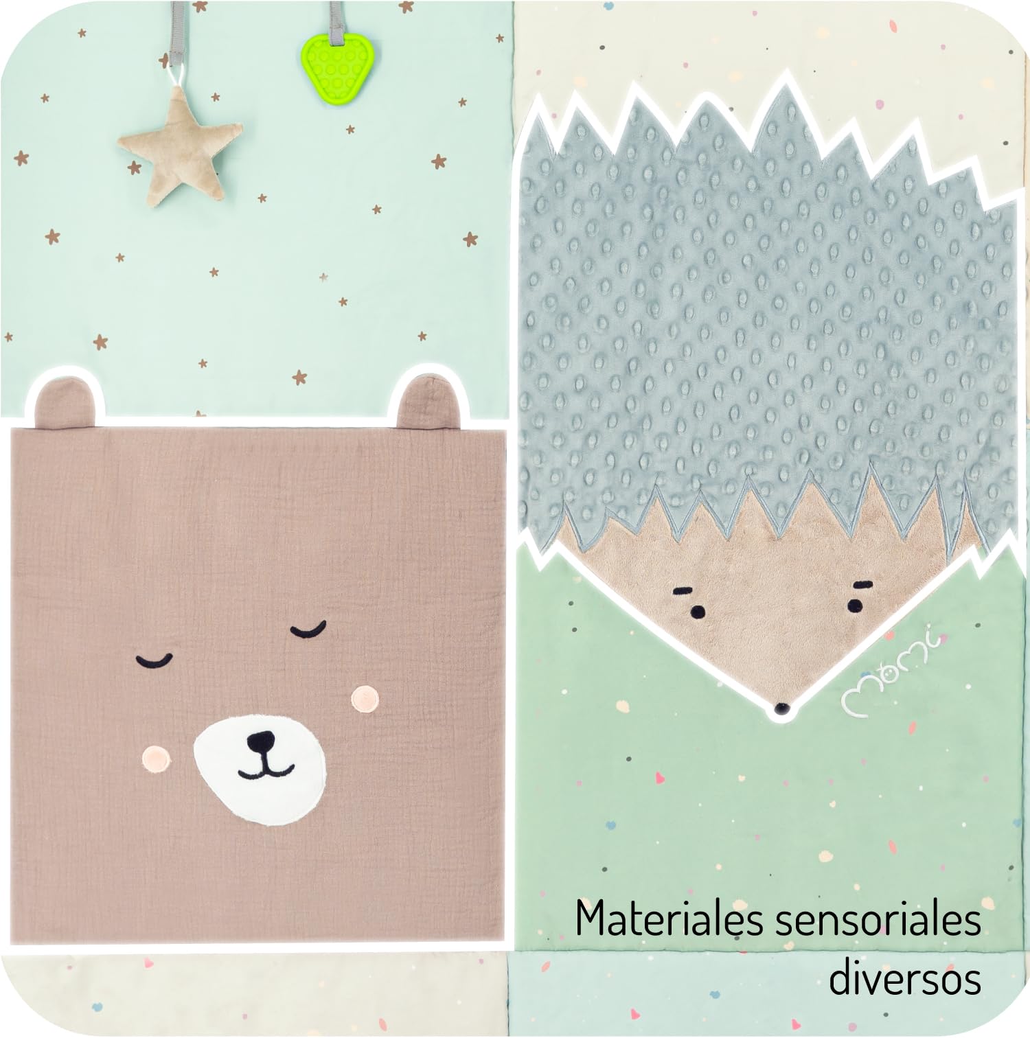 Momi VOLPI Alfombra sensorial para bebés y niños pequeños 120 x 160 cm, Alfombra de Juego y Manta para Gatear para niñas y niños, Plegable en una Bolsa con Asas de Transporte