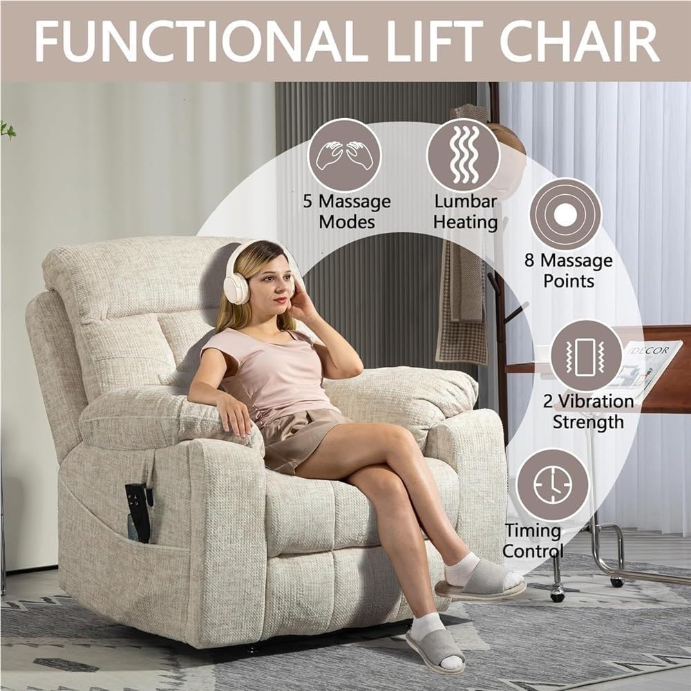 Heat Massage Recliner Chair Oversized Electric Lift Chair Adjustable Lay Flat Upholstery Recliner with Lumbar Support Infinite Positions for Elderly Adults