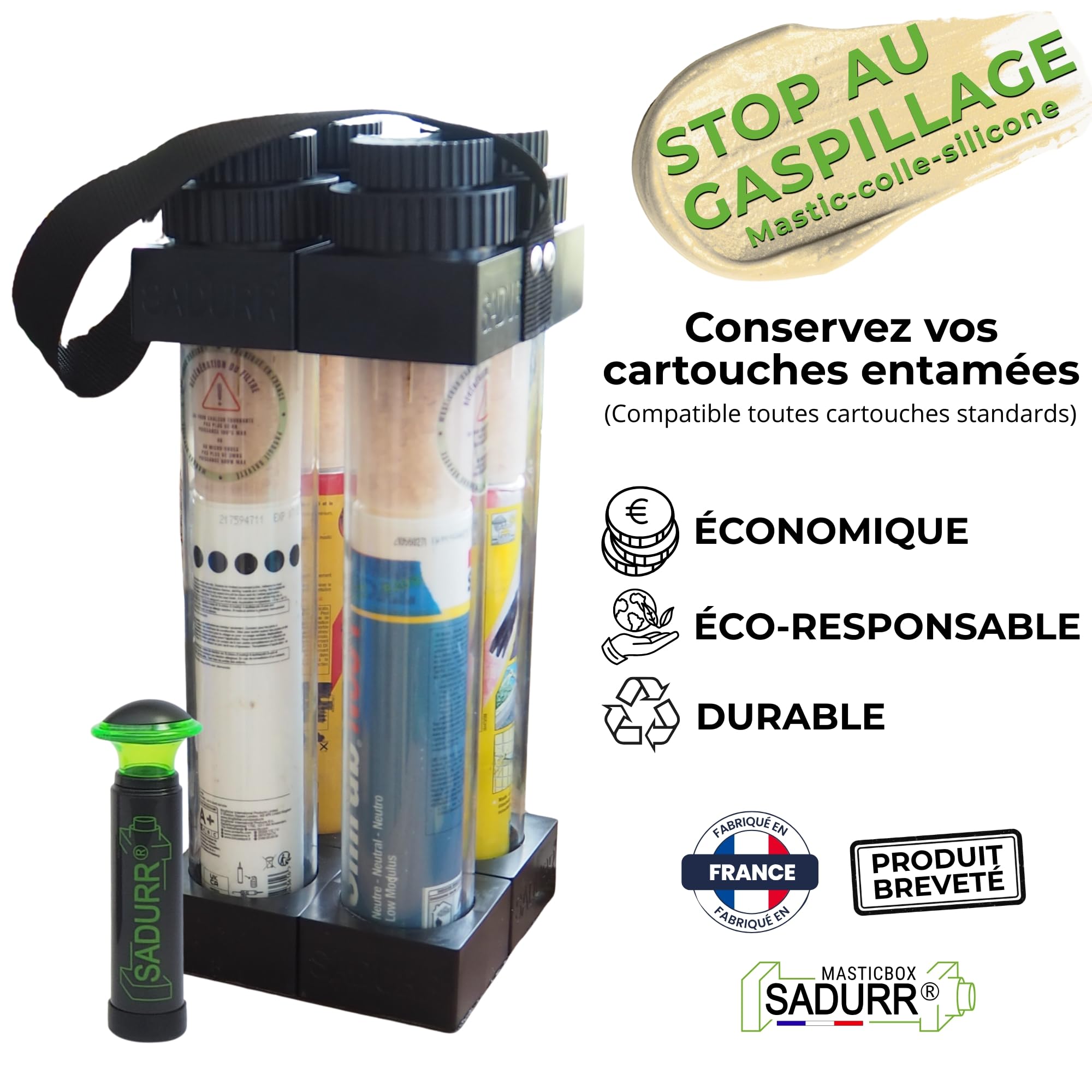Masticbox SADURR® QUATTRO – Conservation des cartouches de silicone, mastic et colle entamées – Évite le durcissement prématuré et le gaspillage – Jusqu'à 4 cartouches | Conservation longue durée des cartouches entamées mastic - colle - silicone