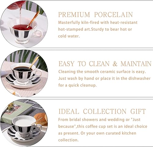 Miniatura 3 de Juego de taza de café y platillo a cuadros de 3 piezas con cuchara, porcelana de porcelana de hueso de 7 onzas, juego de tazas vintage en blanco y