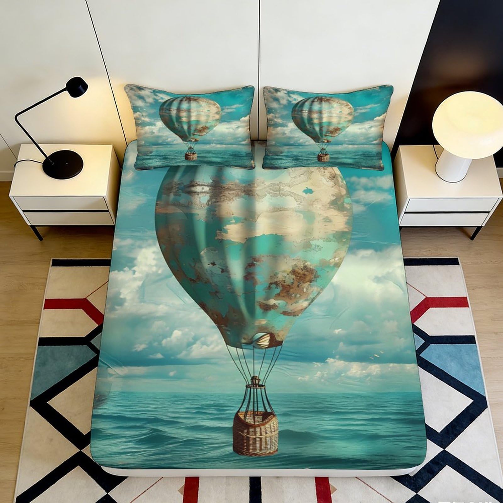 Uynsixtme Style-8 3D Printed Hot Air Balloon Fitted Sheet Microfiber Deep Pocket Non-Slip Bedroom Bedding Hot Air Balloon Mattress Fitted Cover Washable For Adults 200X200x25cm