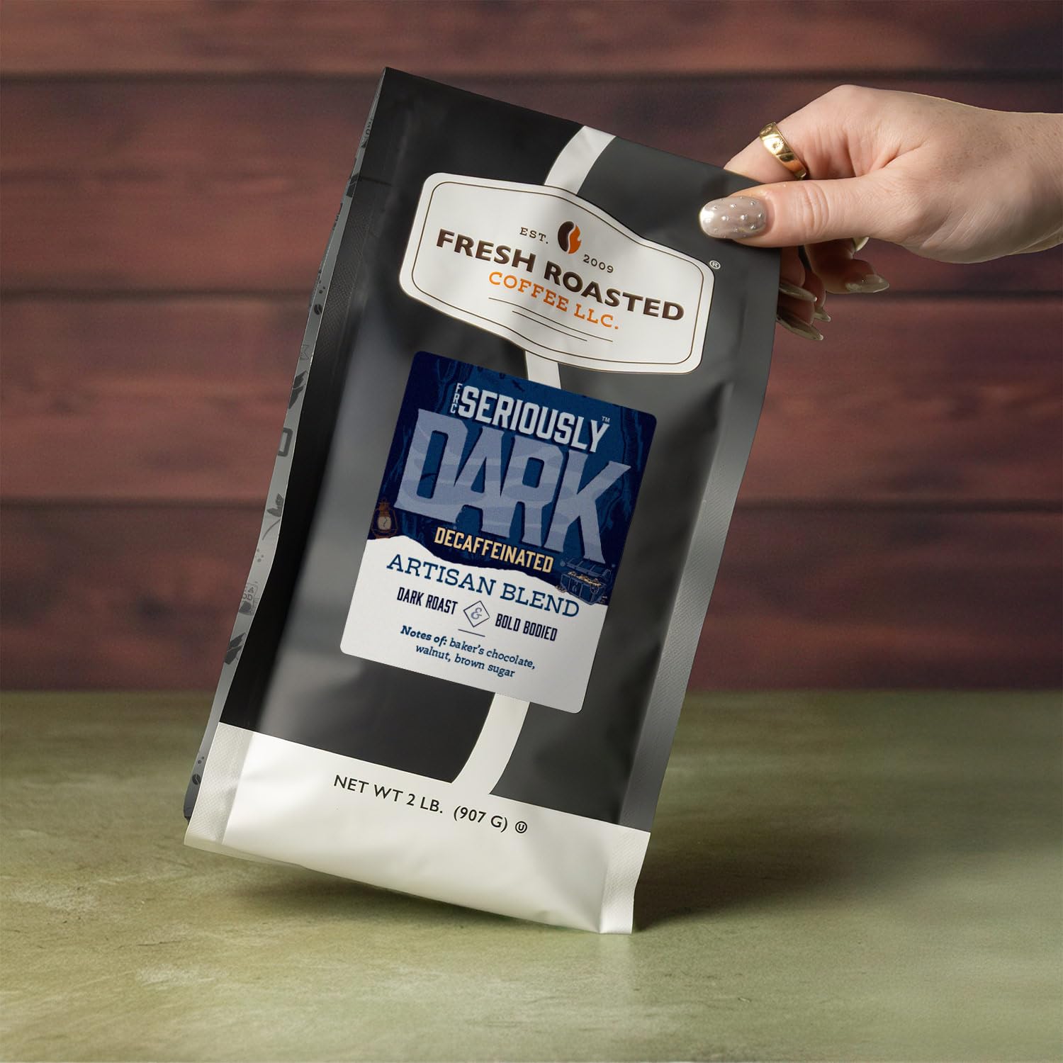Fresh Roasted Coffee, Seriously Dark Decaf Artisan Blend, 2 lb (32 oz), Dark Roast, Kosher, Whole Bean