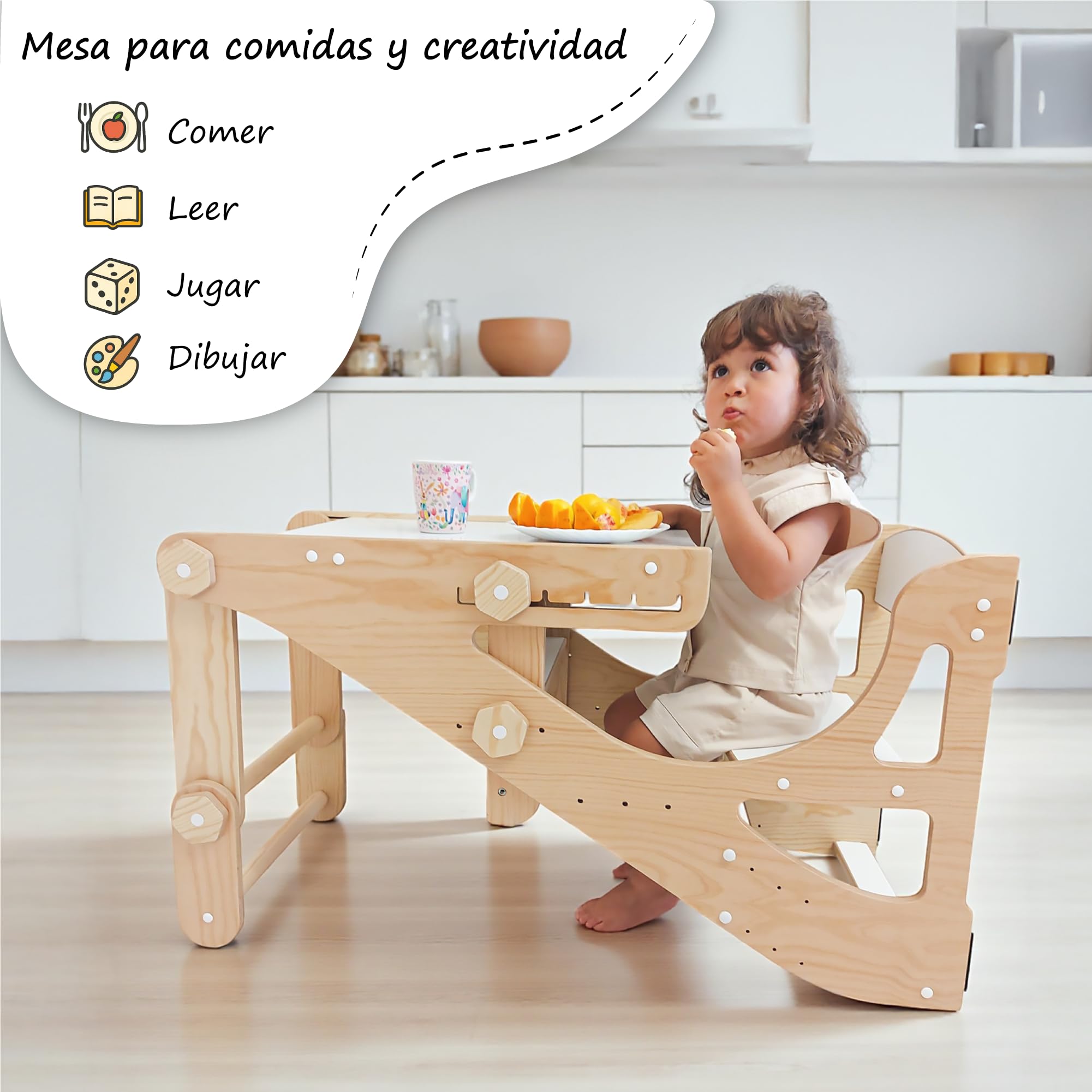 Torre Montessori 4 en 1 para niños – Torre de Aprendizaje, Mesa con Silla, Pizarra Infantil y Silla Evolutiva Ajustable – Madera Segura, 2 a 9 años (Pino)