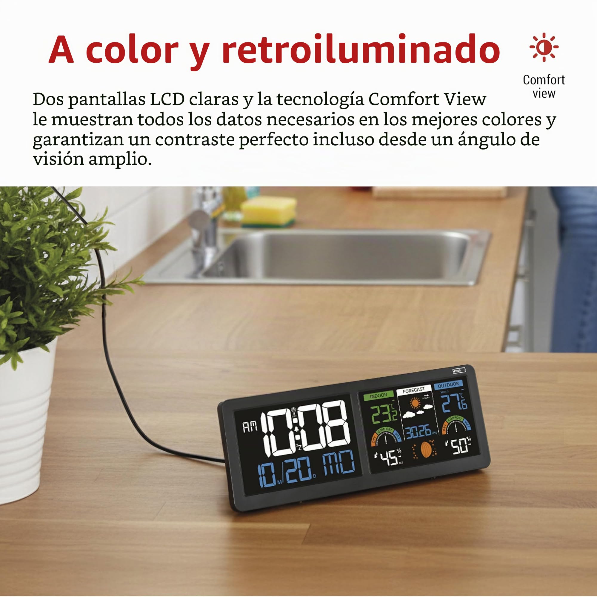 EMOS - Estación meteorológica con 2 pantallas LCD - Sensor inalámbrico (2x AA) - Tecnología Comfort View - Previsión meteorológica, temperatura, humedad, calendario, hora, despertador - Cable de