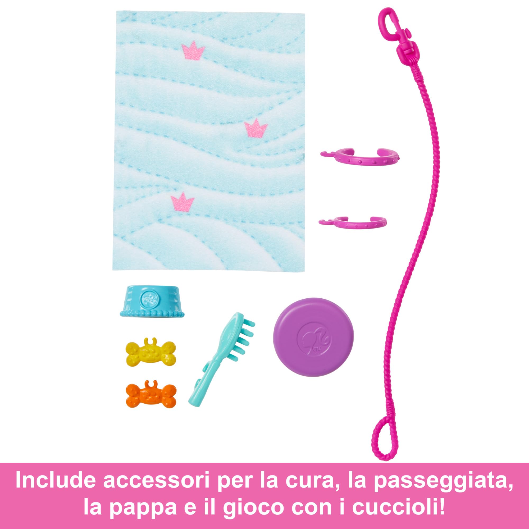 Barbie - Playset con bambola Barbie, 2 cuccioli e tanti accessori per gli animali inclusi, 1 cucciolo in carrozzina rimovibile con ruote funzionanti, giocattolo per bambini, 3+ anni, HTK37