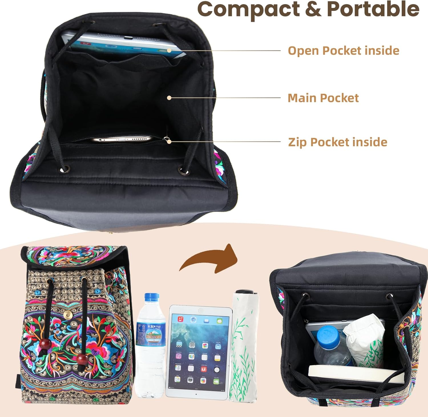 Goodhan Vintage Embroidered Backpack Purses for Women - Boho Shoulder Bag for Travel,Ethnic Floral Mini Back Pack,Lightweight Handbags for Daily Use (Red) - Image 5