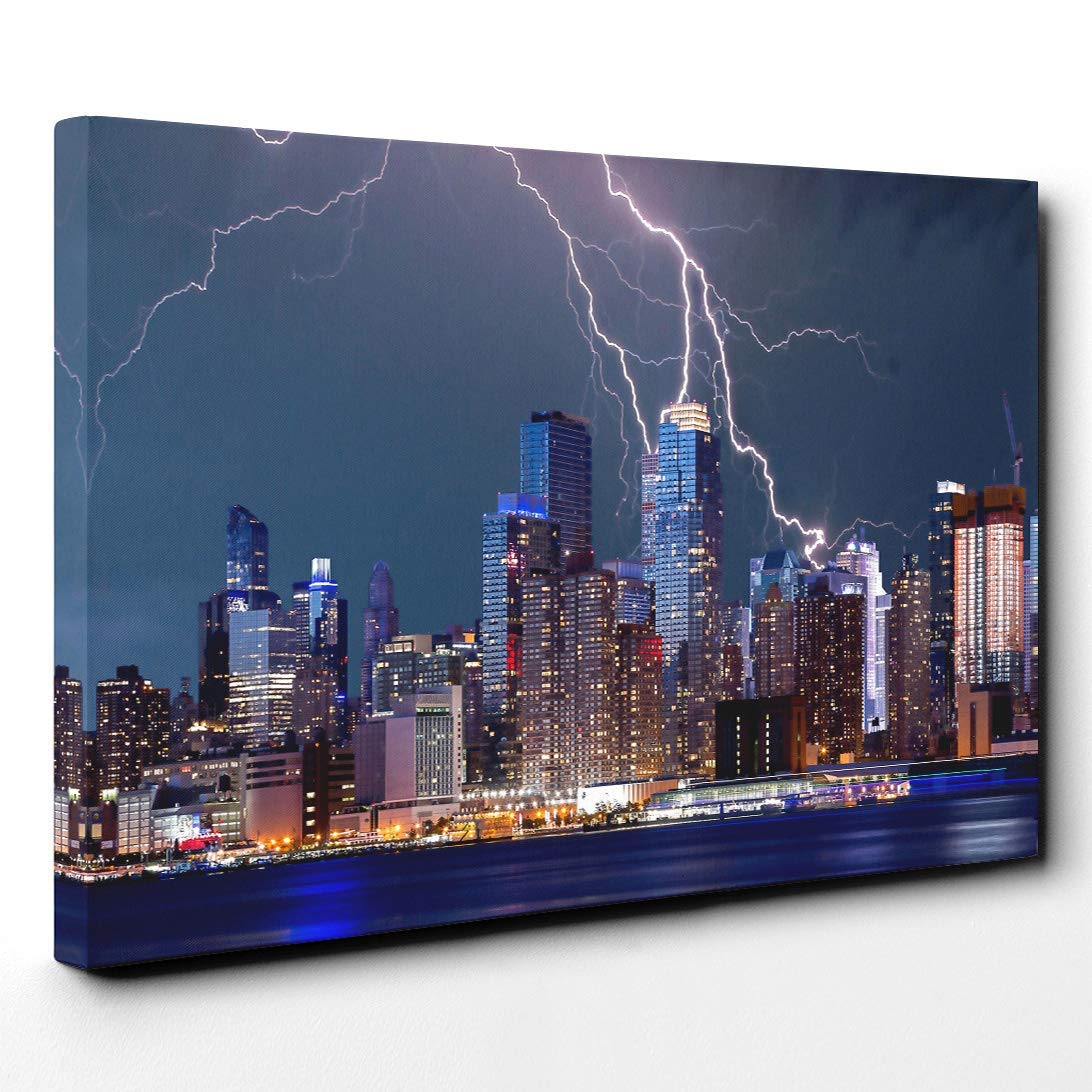 New York City Lightening Storm Canvas Print | Gallery Wrapped 30mm Frame Wall Art | 30x20 inches | Ready to Hang | Modern Cityscape Picture | Living Room Bedroom Lounge Office