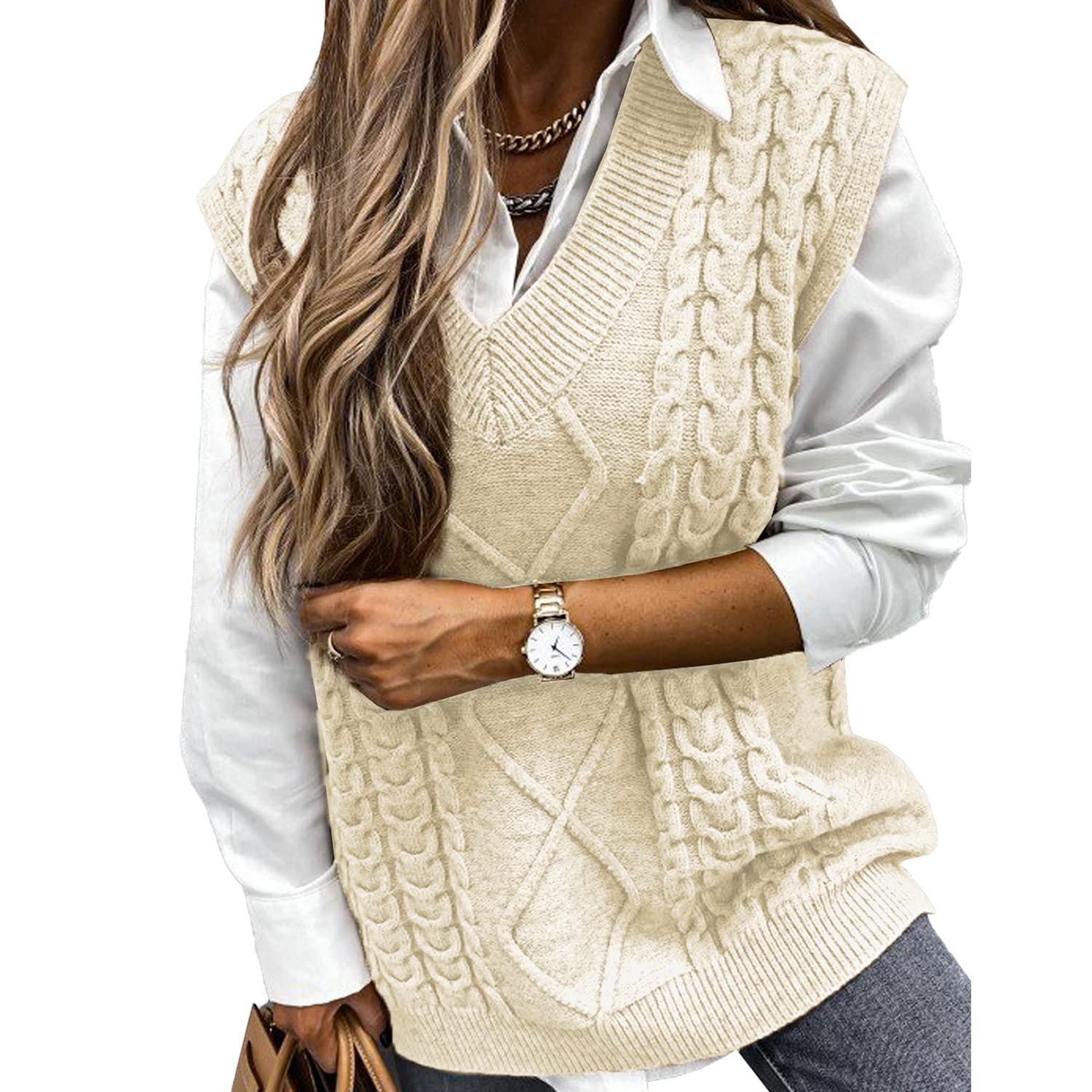 Niwicee Maglione Senza Gilet Donna Scollo a V Pullover Maglioni Invernali Maniche Maglione Smanicato Invernale Elegante Maglia Gilet Smanicato