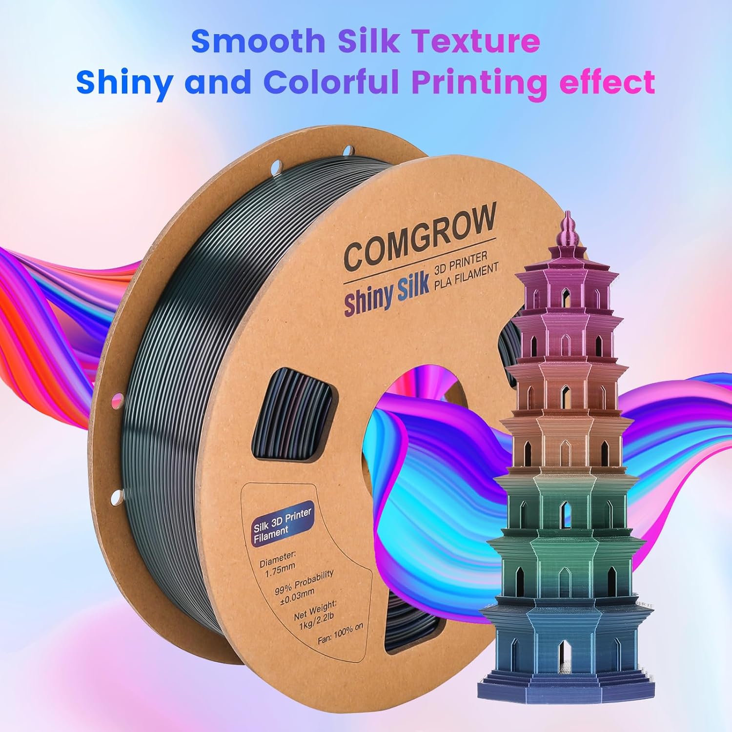 Comgrow Rainbow Colors Silk PLA 3D Printer Filament, PLA Filament 1.75mm, Dimensional Accuracy +/- 0.02 mm, 1KG Spool, Coextrusion 3D Filament with Shiny Silk Rainbow Universe - Image 7
