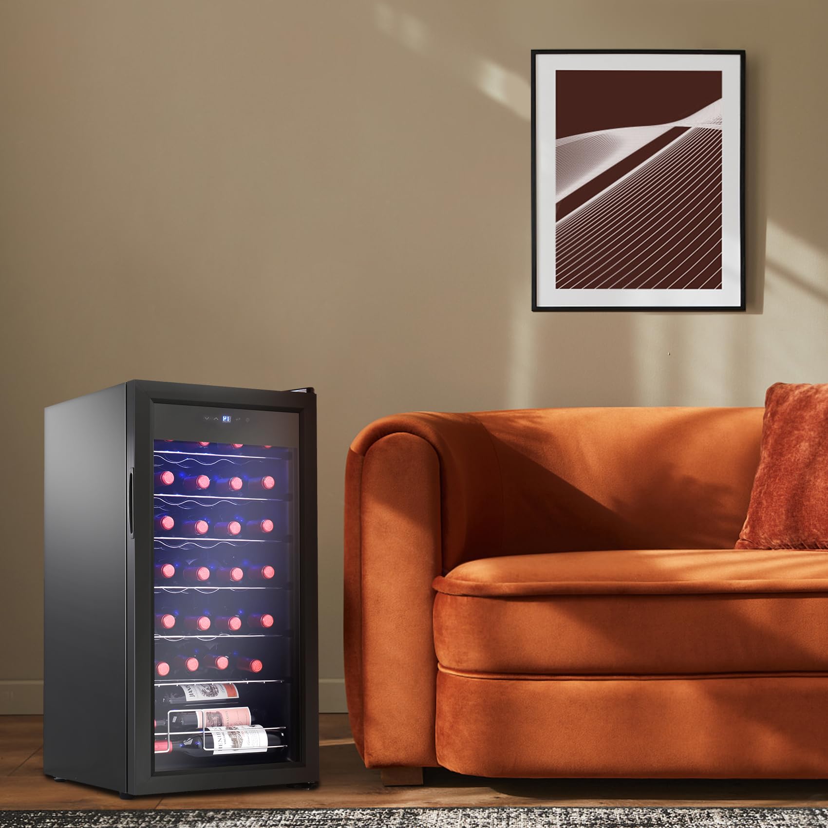Display4top Frigorifero Cantinetta Frigo per Vini e bevande, Supporta 28 bottiglie, Porta in vetro temperato, termostato pannello touch(82L)