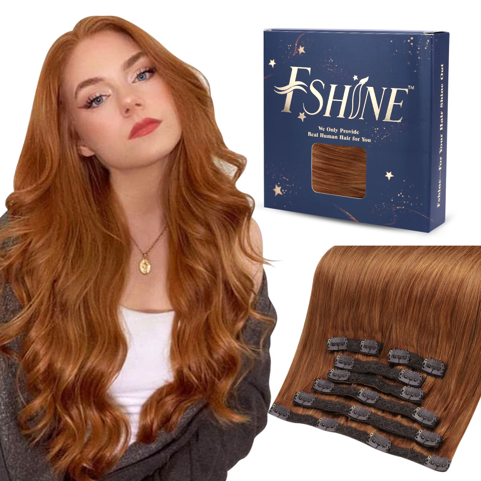 Fshine Hair Extensions Clip in Auburn 22 Inch Seamless Clip in Hair Extensions Human Hair 7 Pcs 120 Gram Pu Shot Auburn Brazilian Real Hair Clip in Extensions Remy Straight 55cm