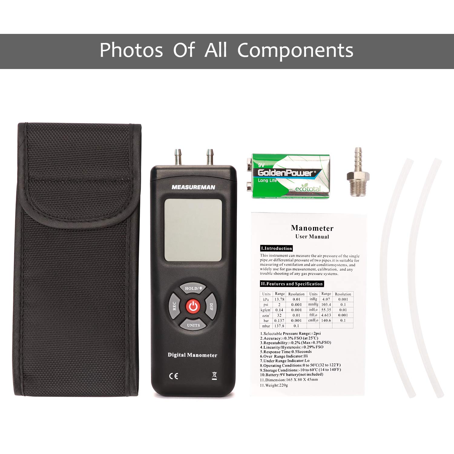 Measureman Handheld Digital Differential Pressure Gauge, Vacuum and