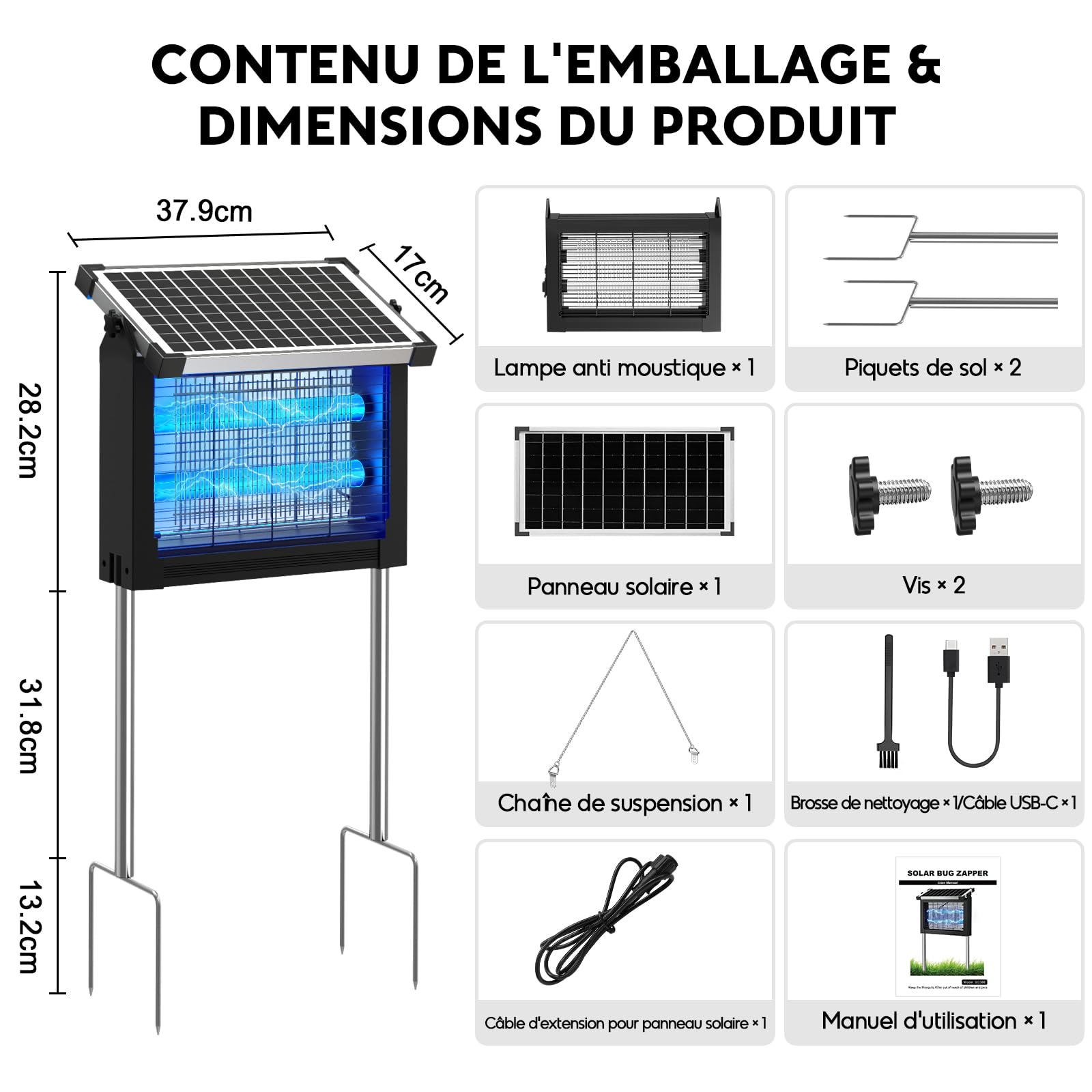 Lampe Anti-Moustique Solaire d’Extérieur, 4500V, IPX5 Étanche, Rechargeable USB-C, Batterie 4000mAh, Tue-Moustique sans Fil avec Piquet pour Jardin, Pelouse, Terrasse, Camping