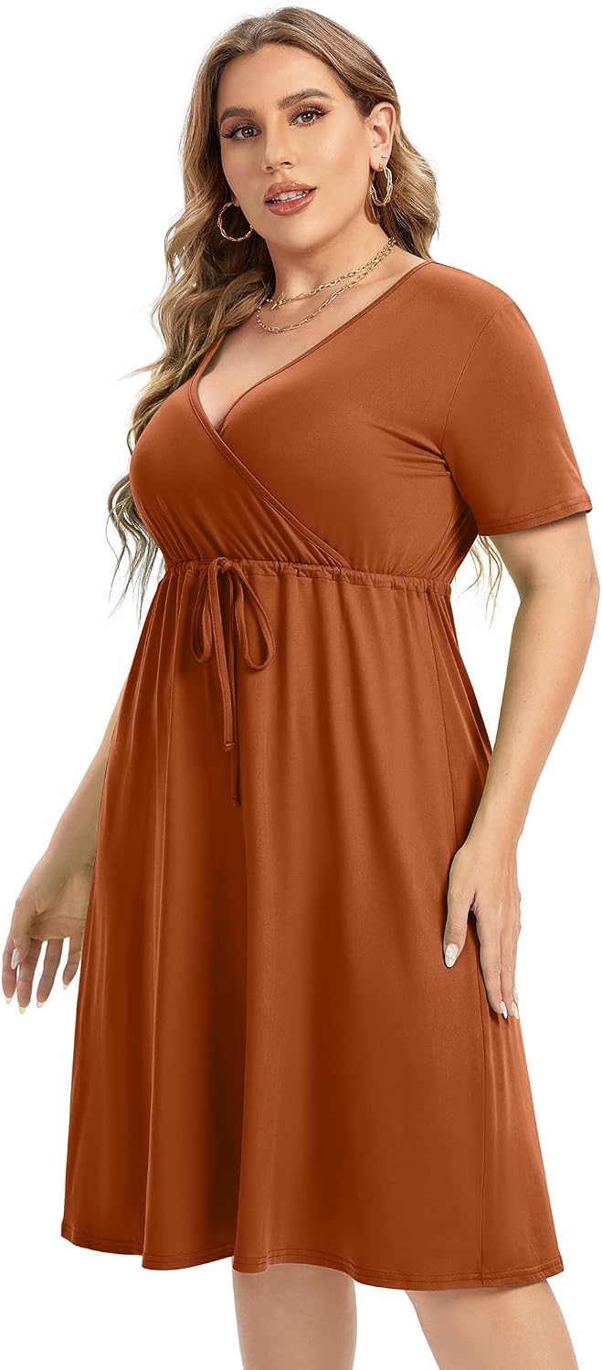 Plus Size Dress Women's V Neck A-Line Knee Length Wrap Mini Dress with Belt Plus Size Dresses for Curvy Womenyellow-cs XX-Large