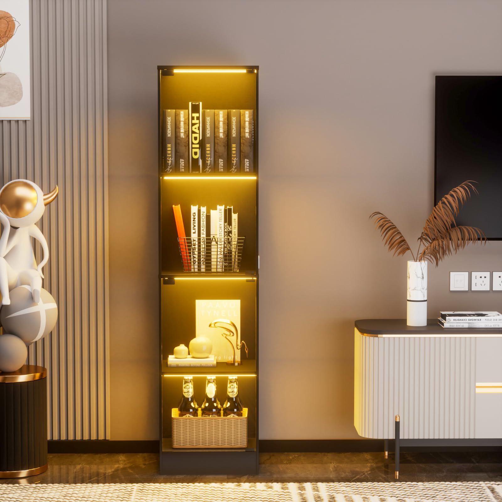 Glasvitrine Vitrine mit LED Beleuchtung & Intelligente Sensorik, 4-Lagen Standvitrine Sammlervitrine für Wohnzimmer Schlafzimmer Büro, Schwarz,40x35x165cm