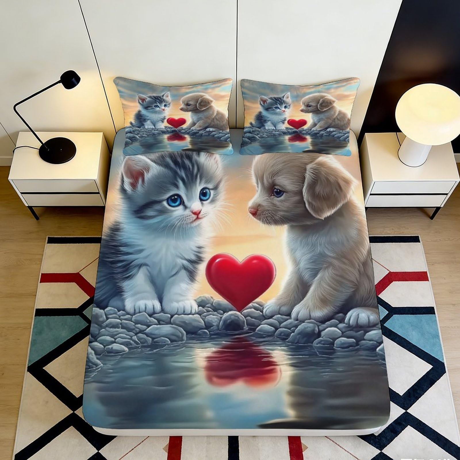 3D Printed Cute Kitten Fitted Sheet Microfiber Soft Puppy Bed Cover for Bedroom Dorm Mattress Protection Decor 90x200x25cm