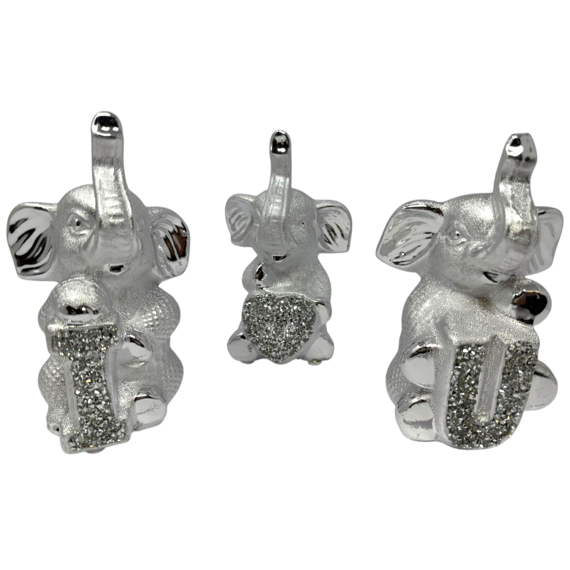 Shabjy Silver Set Of 3 I U Ceramic Elephant Figurines Sparkle Ornaments Crystallized Bling Crushed Diamond Gift Home Decor Lucky Elephant Set 15X11cm Table Shelf Centerpiece