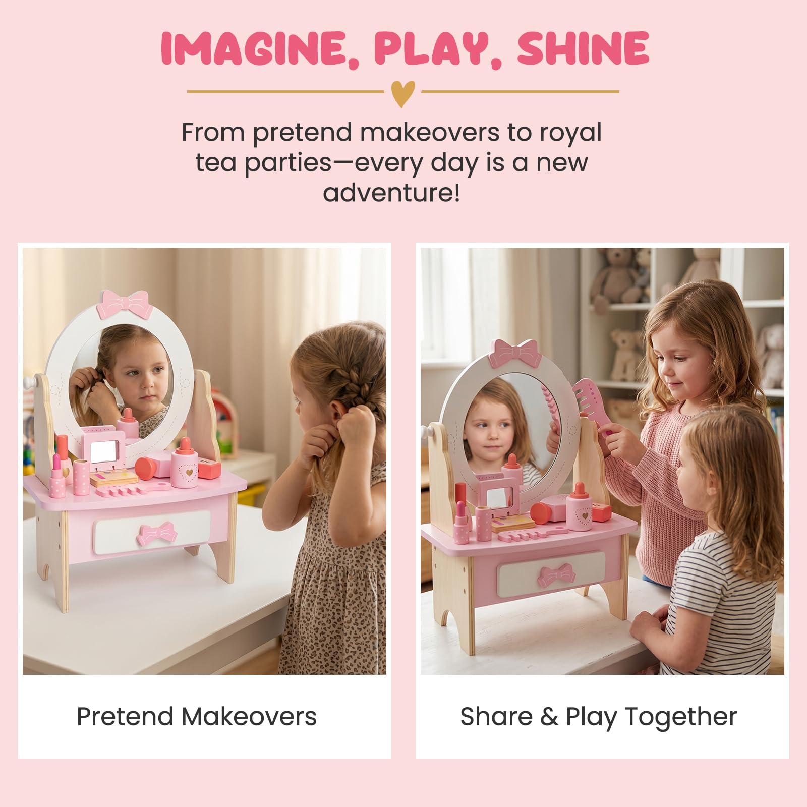 Set da toeletta in legno per bambini, giocattolo da tavolo con specchio girevole a 360°, set di accessori per il trucco, regalo per bambine dai 3 anni in su (bianco)