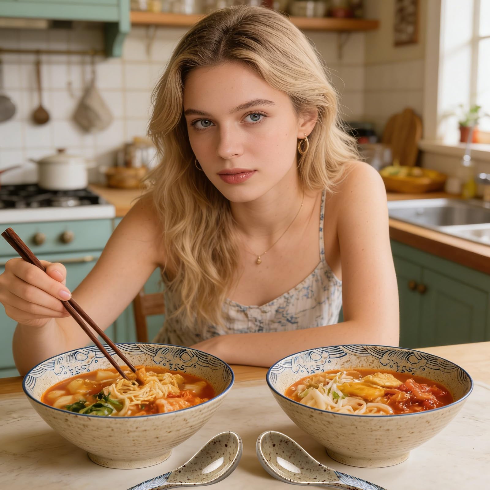 Ramen zestaw 2-częściowy, 2 x 1200 ml ceramiczna miska ramen z pałeczkami i łyżeczkami, duża miska na zupę i salaterkę, zestaw ramen do ramenu, pho, udon, nadaje się do kuchenki mikrofalowej i mycia w