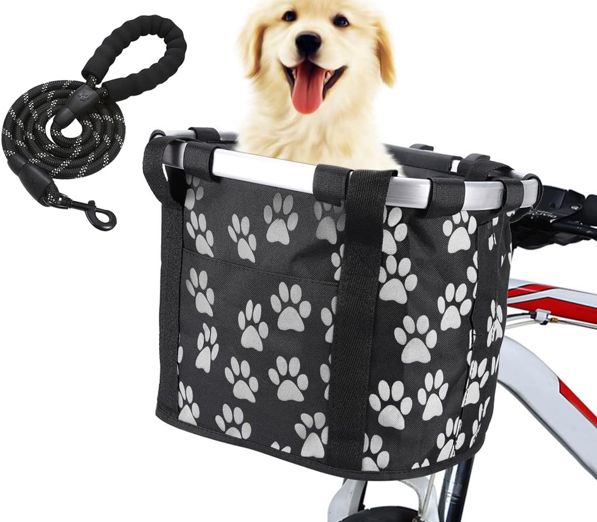 Detachable Bike Basket, Dog Cat Bicycle Handlebar Front Bag Pet Carrier with 5 FT Dog Leash for Cycling, Shopping, Picnic, and Outdoor
